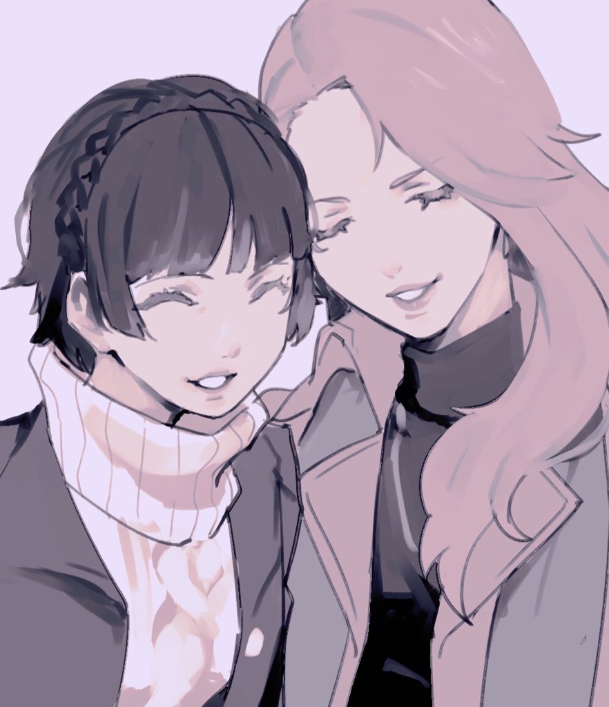 2girls black_hair braid casual closed_eyes crown_braid grin hair_behind_ear jacket long_hair multiple_girls niijima_makoto niijima_sae open_clothes open_jacket persona persona_5 ribbed_sweater sageo_yn short_hair silver_hair smile sweater turtleneck turtleneck_sweater