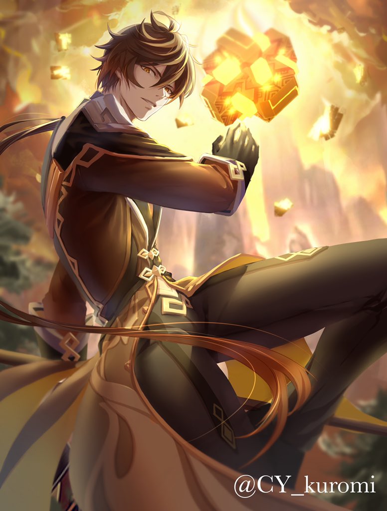 1boy bangs black_gloves blurry blurry_background brown_hair clouds cloudy_sky collared_shirt cykuromi formal genshin_impact gloves gradient_hair hair_between_eyes holding holding_spear holding_weapon jacket long_hair long_sleeves looking_at_viewer male_focus meteor mountain multicolored_hair necktie open_mouth orange_hair outdoors polearm ponytail shirt sky solo spear suit twitter_username weapon yellow_eyes zhongli_(genshin_impact)