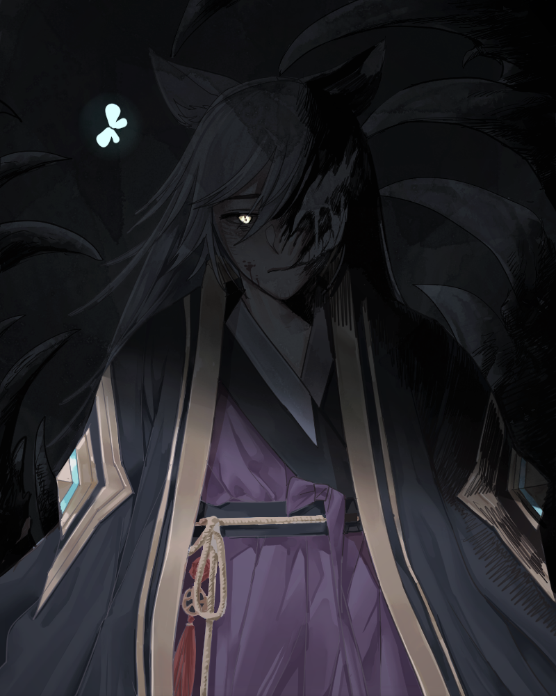 animal_ears black_background blue_butterfly bug butterfly cloak closed_mouth fox_boy fox_ears fox_tail guardian_tales insect japanese_clothes looking_at_viewer manjin512 multiple_tails nine_tailed_fox_garam sad shadow silver_hair standing tail yellow_eyes