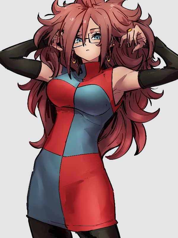 1girl android_21 armpits blue_eyes breasts checkered checkered_dress closed_mouth dragon_ball dragon_ball_fighterz dress earrings glasses grey_background hoop_earrings jewelry kemachiku large_breasts long_hair looking_at_viewer redhead simple_background solo
