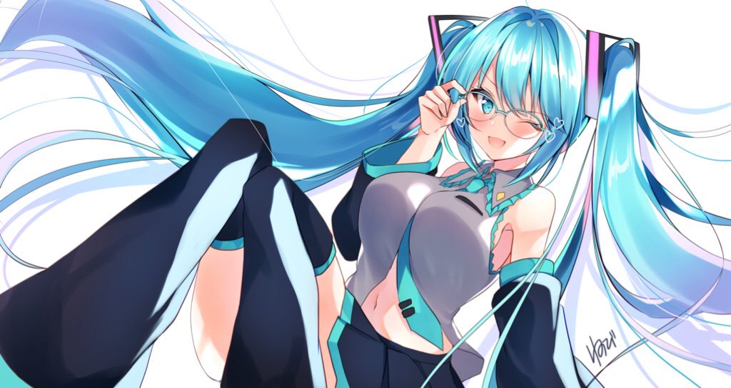 1girl ;d adjusting_eyewear bangs bare_shoulders black_legwear black_skirt black_sleeves blue-framed_eyewear blue_eyes blue_hair blue_neckwear breasts collared_shirt commentary_request detached_sleeves eyebrows_visible_through_hair feet_out_of_frame glasses grey_shirt hand_up hatsune_miku knees_up long_hair long_sleeves looking_at_viewer medium_breasts navel nenobi_(nenorium) one_eye_closed open_mouth over-rim_eyewear pleated_skirt semi-rimless_eyewear shirt signature simple_background skirt sleeveless sleeveless_shirt smile solo thigh-highs tie_clip twintails very_long_hair vocaloid white_background wide_sleeves