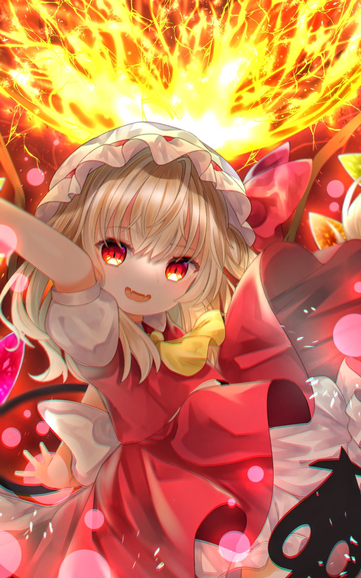 1girl ascot blonde_hair bow brad chromatic_aberration commentary_request eyebrows_visible_through_hair fangs flandre_scarlet hair_between_eyes hat hat_bow highres laevatein looking_at_viewer medium_hair mob_cap open_mouth puffy_short_sleeves puffy_sleeves red_bow red_eyes red_skirt red_vest shirt short_sleeves skirt skirt_set smile solo touhou vest white_headwear white_shirt wings yellow_neckwear