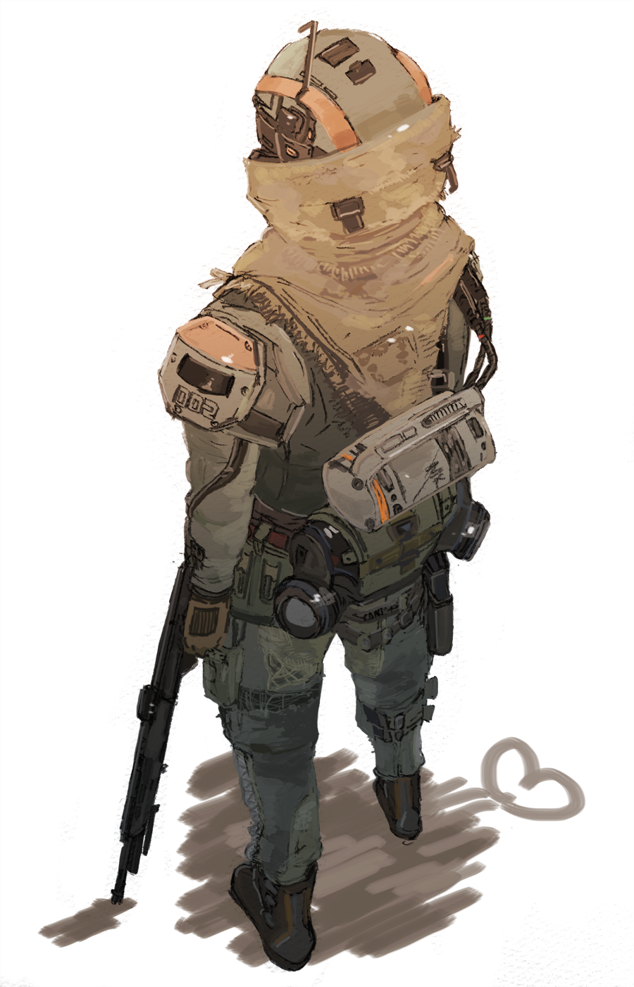 1boy assault_rifle beige_scarf from_above from_behind gun heart highres holding holding_gun holding_weapon male_focus r-101c_carbine radio_antenna rifle science_fiction solo standing tajima_(minagawa) titanfall titanfall_(series) weapon white_background