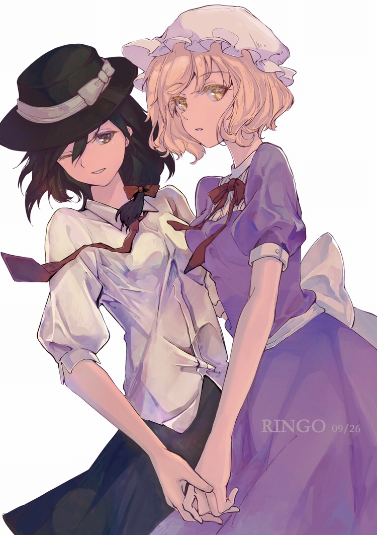 2girls artist_name bangs black_skirt blonde_hair bow brown_eyes brown_hair dated dress eyebrows_visible_through_hair fedora hat hat_bow hat_ribbon holding_hands long_hair looking_at_viewer maribel_hearn mob_cap multiple_girls necktie one_eye_closed open_mouth purple_dress ribbon ringo_orihara signature skirt smile touhou usami_renko white_background white_bow yellow_eyes