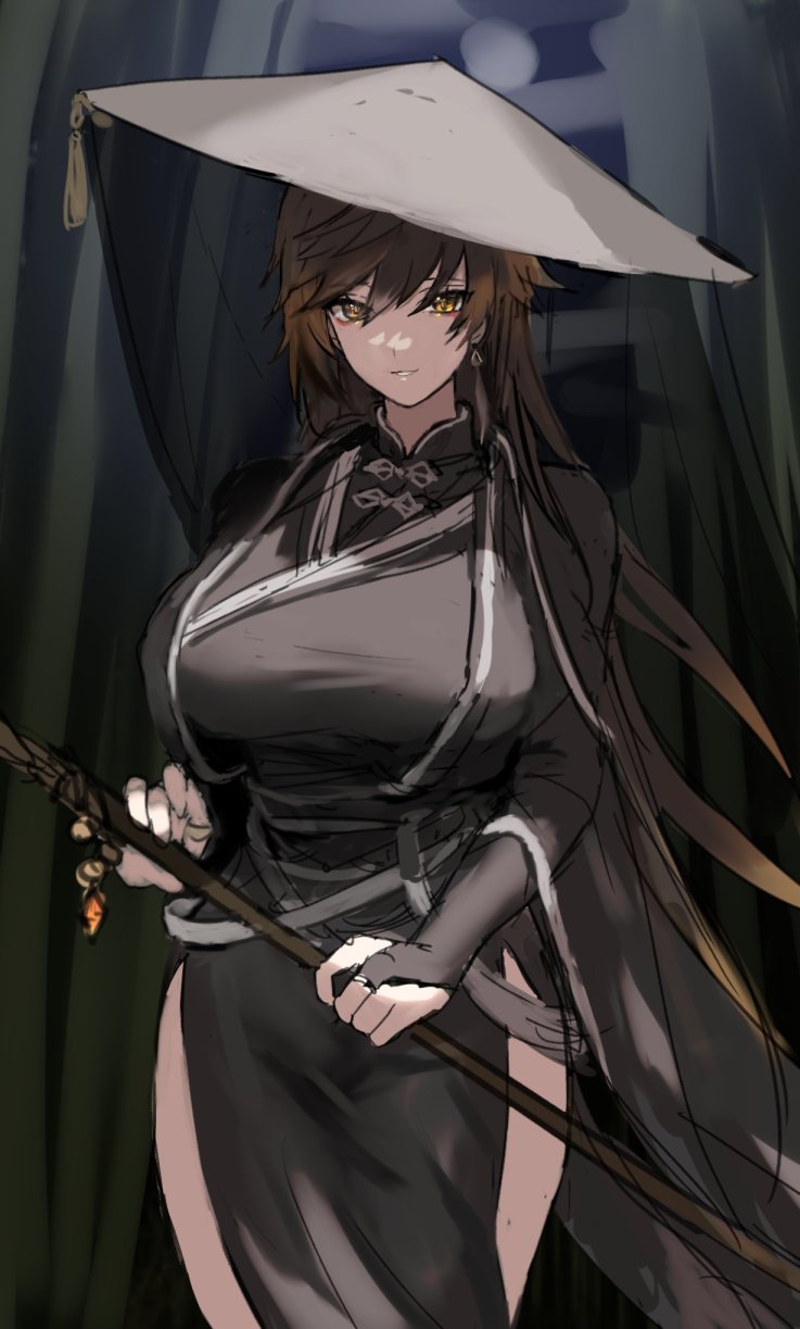 1girl arm_tattoo bangs black_gloves breasts bridal_gauntlets brown_hair china_dress chinese_clothes clothing_request commentary_request dress eyeliner genderswap genderswap_(mtf) genshin_impact gloves gradient_hair hair_between_eyes highres holding holding_staff jewelry large_breasts long_hair long_sleeves looking_at_viewer makeup multicolored_hair open_mouth orange_hair simple_background smile solo staff tattoo yavalley yellow_eyes zhongli_(genshin_impact)