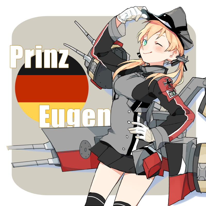 1girl anchor_hair_ornament aqua_eyes bangs black_legwear black_skirt blonde_hair blush breasts character_name d.y.x. german_flag gloves hair_ornament hand_on_headwear hand_on_hip hat iron_cross kantai_collection long_hair long_sleeves medium_breasts military military_uniform miniskirt peaked_cap prinz_eugen_(kancolle) rigging simple_background skirt smile solo thigh-highs twintails two-tone_background uniform white_gloves