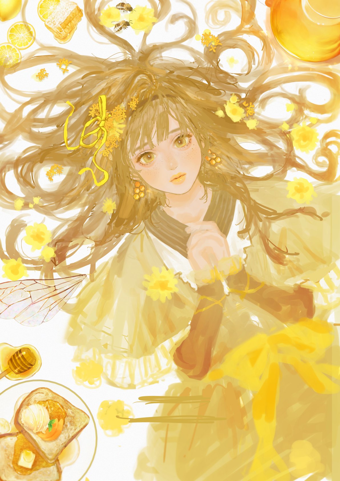 1girl bee blonde_hair bug dress earrings flower food hair_flower hair_ornament hair_ribbon hair_spread_out hairband hands_up highres honey insect jewelry lipstick looking_at_viewer lying makeup on_back original own_hands_together parted_lips plate ribbon sankomichi solo toast yellow_dress yellow_eyes yellow_lips yellow_ribbon yellow_theme
