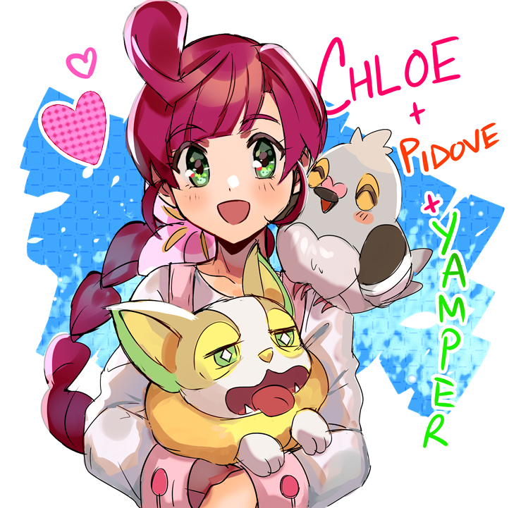 1girl :d bangs blush braid braided_ponytail character_name chloe_(pokemon) collarbone commentary eyebrows_visible_through_hair eyelashes flower gen_5_pokemon gen_8_pokemon green_eyes hair_flower hair_ornament heart holding holding_pokemon kash-phia long_hair long_sleeves looking_at_viewer open_mouth overalls pidove pink_flower pokemon pokemon_(anime) pokemon_(creature) pokemon_swsh_(anime) purple_hair smile yamper