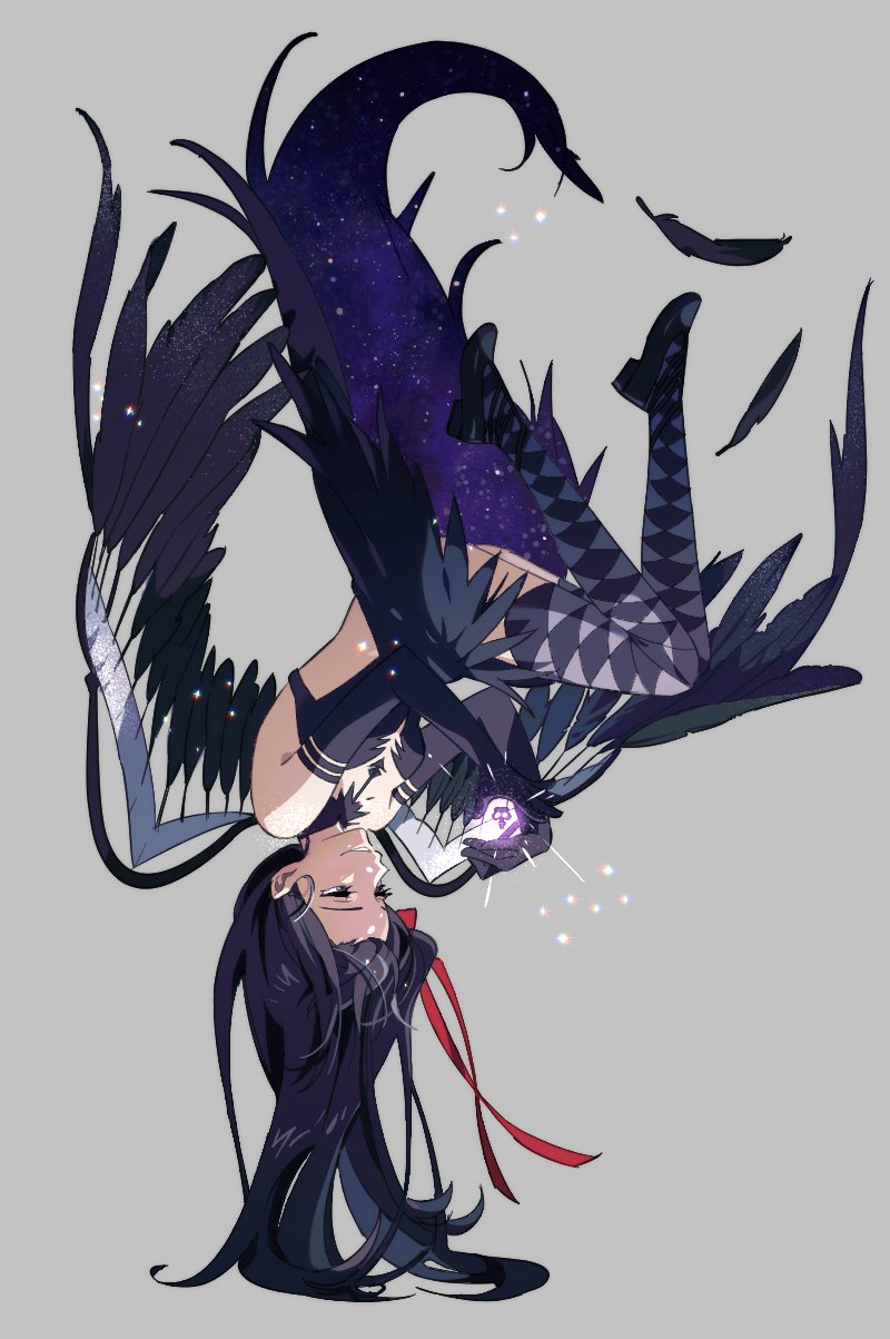 1girl akemi_homura akuma_homura argyle argyle_legwear asymmetrical_clothes backless_dress backless_outfit bare_shoulders black_dress black_feathers black_footwear black_gloves black_hair black_wings cupping_hands dark_orb_(madoka_magica) dress elbow_gloves evil_smile eyelashes feathered_wings feathers feet_up floating full_body glitter gloves glowing grey_background hair_ribbon half-closed_eyes halu_(6one_day9) hands_up highres jitome knees_together_feet_apart light_particles light_rays long_hair mahou_shoujo_madoka_magica mahou_shoujo_madoka_magica_movie red_ribbon ribbon shiny shiny_hair shoes simple_background smile solo sparkle thigh-highs upside-down wings zettai_ryouiki