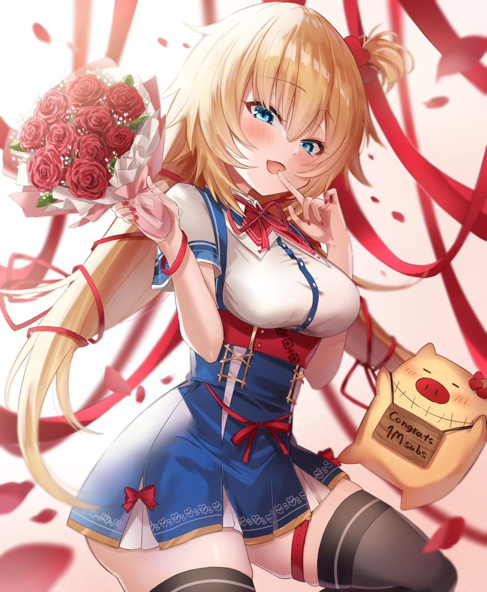 1girl :d akai_haato bangs black_legwear blonde_hair blue_eyes blush bouquet breasts collared_shirt commentary_request congratulations cowboy_shot dress_shirt eyebrows_visible_through_hair finger_to_mouth fingernails flower haaton_(akai_haato) hair_between_eyes hair_ornament hands_up heart heart_hair_ornament high-waist_skirt highres holding holding_bouquet hololive leg_up long_hair looking_at_viewer medium_breasts milluun nail_polish one_side_up open_mouth red_flower red_nails red_ribbon red_rose ribbon rose shirt short_sleeves sidelocks skirt smile solo thigh-highs thigh_strap very_long_hair virtual_youtuber white_shirt