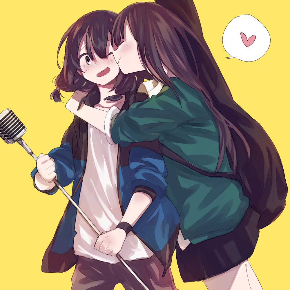 2girls blush brown_hair cheek_kiss closed_eyes heart hug hug_from_behind instrument_case instrument_on_back inuko_(ink0425) kiss long_hair low_twintails medium_hair microphone multiple_girls one_eye_closed original spoken_heart twintails yellow_background yuri