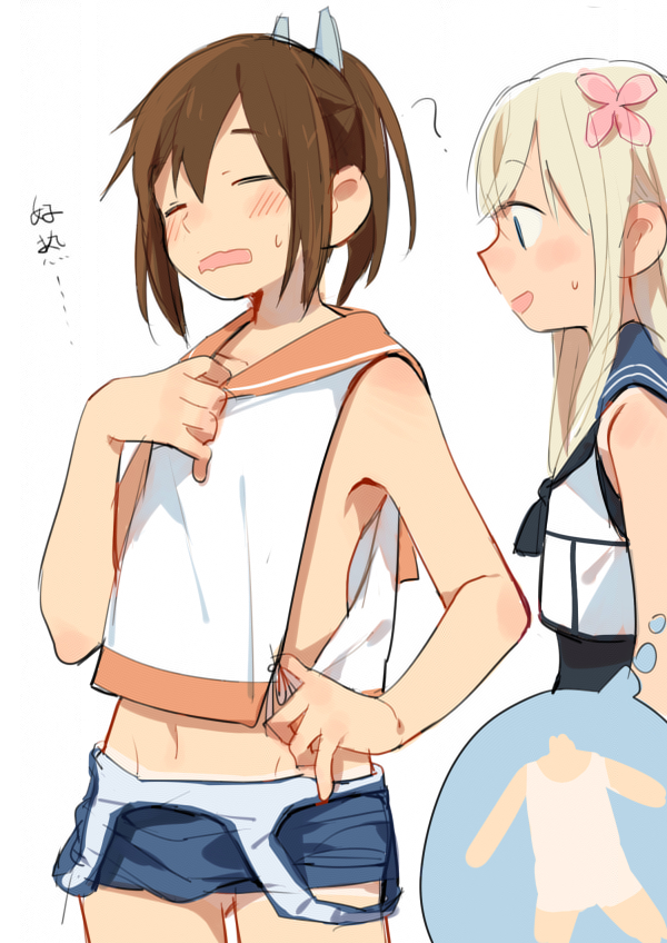 2girls ? bangs blonde_hair blue_eyes blue_sailor_collar blue_swimsuit blush brown_hair closed_eyes clothes_pull d.y.x. eyebrows_visible_through_hair flower hair_flower hair_ornament i-401_(kancolle) kantai_collection long_hair multiple_girls navel open_clothes open_mouth orange_sailor_collar pink_flower ponytail ro-500_(kancolle) sailor_collar simple_background sleeveless sweat swimsuit swimsuit_pull swimsuit_under_clothes tan tanline white_background