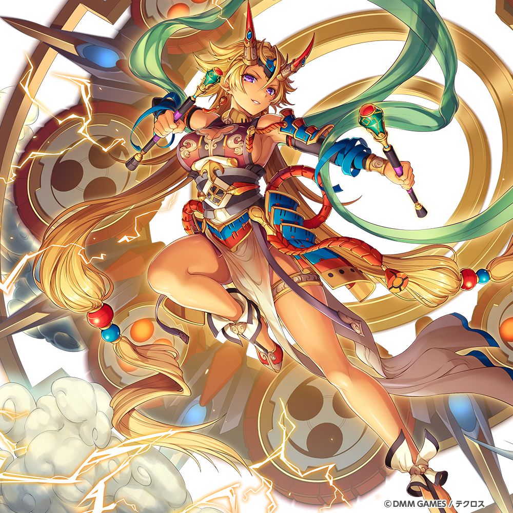 1girl absurdly_long_hair armor armpits artist_request bandaged_arm bandages blonde_hair breasts cleavage_cutout clothing_cutout company_name dark_skin dark-skinned_female dual_wielding earrings elbow_gloves full_body gloves glowing grin holding holding_weapon japanese_armor jewelry kamihime_project kusazuri large_breasts long_hair looking_at_viewer low-tied_long_hair object_request official_art pelvic_curtain pointy_ears raikou_(kamihime_project) red_footwear shoulder_armor sideboob smile sode solo thighlet thighs twintails very_long_hair violet_eyes weapon white_background