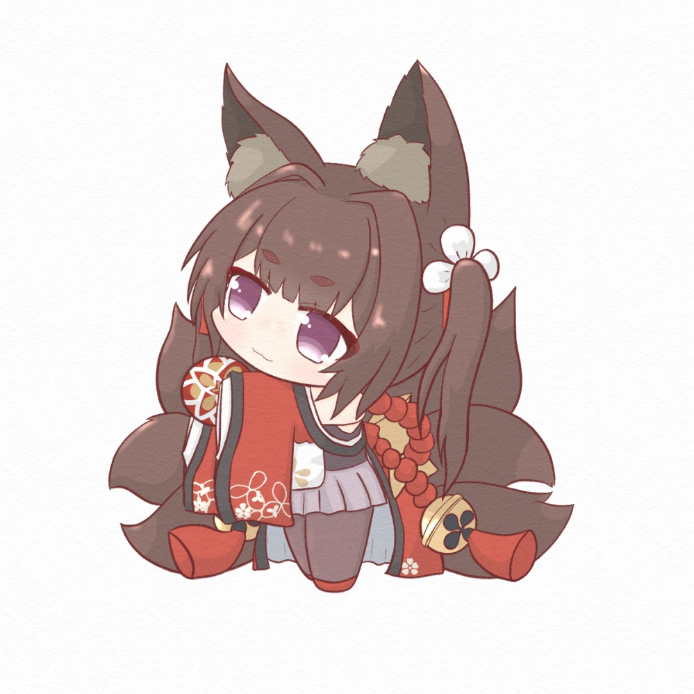 1girl amagi-chan_(azur_lane) animal_ear_fluff animal_ears azur_lane ball bangs bare_shoulders bell black_legwear blunt_bangs brown_hair brown_tail chibi closed_mouth commentary_request eyebrows_visible_through_hair fox_ears fox_tail full_body hair_intakes holding holding_ball japanese_clothes kendama kimono long_hair mokezi multiple_tails off-shoulder_kimono off_shoulder pantyhose red_kimono rope shimenawa sidelocks simple_background smile solo standing tail thick_eyebrows twintails violet_eyes white_background wide_sleeves
