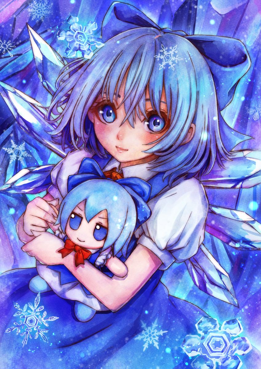 1girl bangs blue_bow blue_dress blue_eyes blue_hair blue_theme blush bow bowtie character_doll cirno closed_mouth commentary_request commission cowboy_shot doll dress eyebrows_behind_hair fumo_(doll) hair_between_eyes hair_bow highres holding holding_doll ice ice_wings kodue55 light_smile looking_at_viewer puffy_short_sleeves puffy_sleeves red_bow red_neckwear short_hair short_sleeves skeb_commission snowflakes solo touhou wings