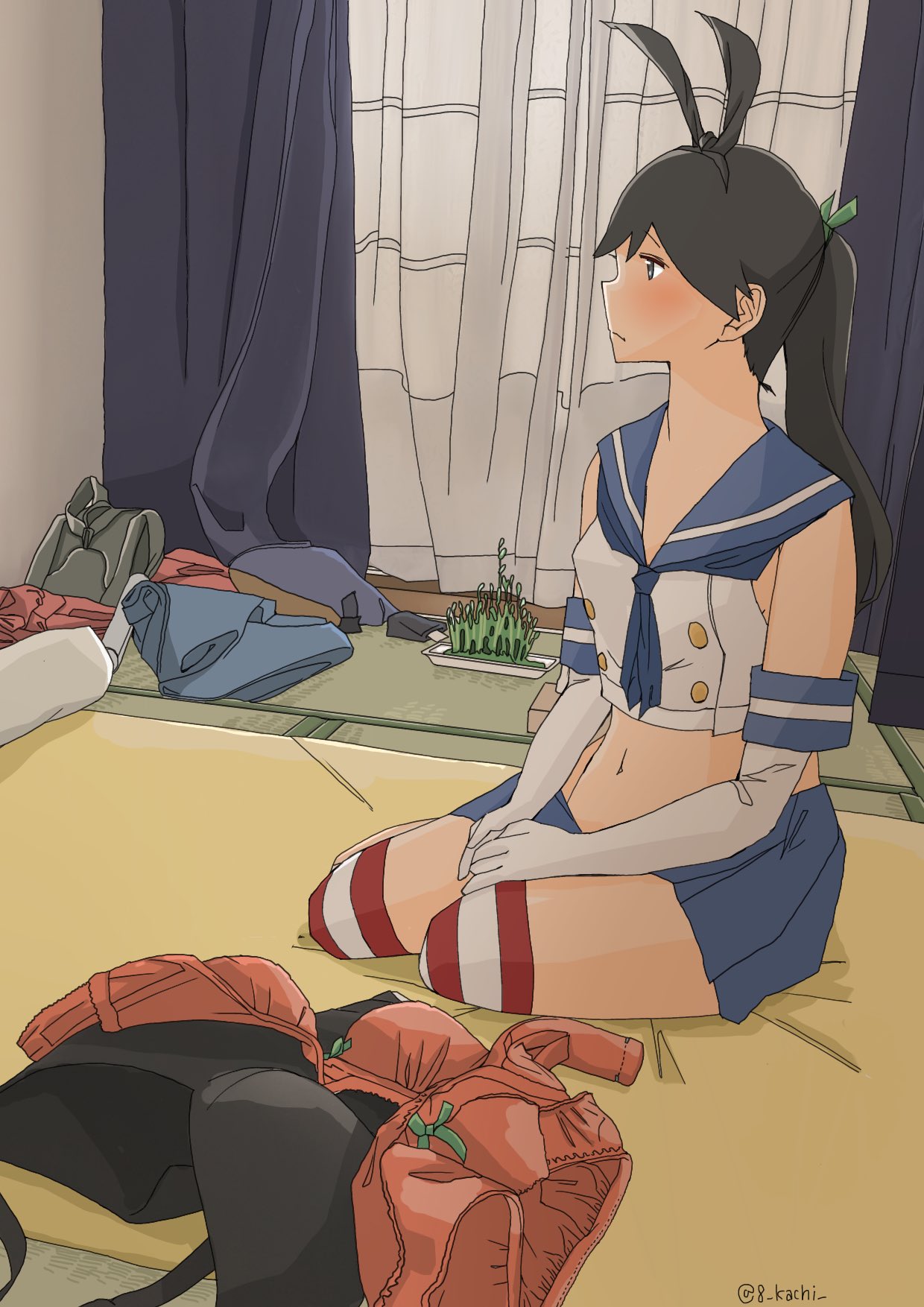 1girl black_hair cosplay crop_top highres houshou_(kancolle) kachi_(kachi5100) kantai_collection kneeling navel ponytail sailor_collar shimakaze_(kancolle) shimakaze_(kancolle)_(cosplay) solo