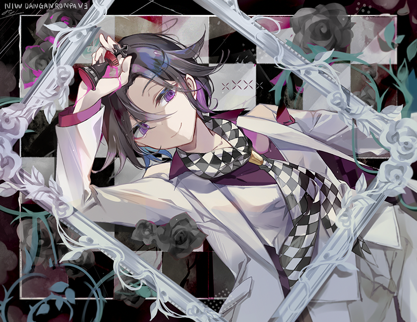 1boy bangs black_flower black_hair checkered checkered_floor checkered_scarf chess_piece coco7 copyright_name dangan_ronpa_(series) dangan_ronpa_10th_anniversary_costume dangan_ronpa_v3:_killing_harmony flower framed hair_between_eyes holding jacket king_(chess) long_sleeves looking_at_viewer male_focus official_alternate_costume open_clothes open_jacket ouma_kokichi pants scarf shirt smile solo violet_eyes white_jacket white_pants