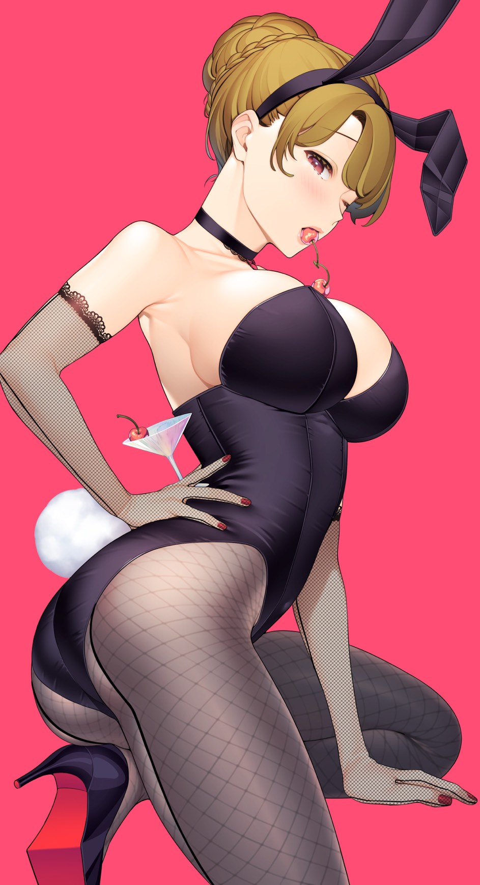 1girl animal_ears armpits black_clothes black_footwear braid braided_bun breasts brown_hair bunny_tail cherry choker cocktail_glass cup drinking_glass elbow_gloves fishnet_gloves fishnet_legwear fishnets food food_in_mouth fruit giuniu gloves hair_bun hand_on_hip high_heels highres lace lace_trim large_breasts light_brown_hair mouth_hold musume_janakute_mama_ga_suki_nano!? nail_polish official_art one_eye_closed one_knee open_mouth pantyhose playboy_bunny rabbit_ears red_background red_nails shoes sideboob simple_background tail violet_eyes