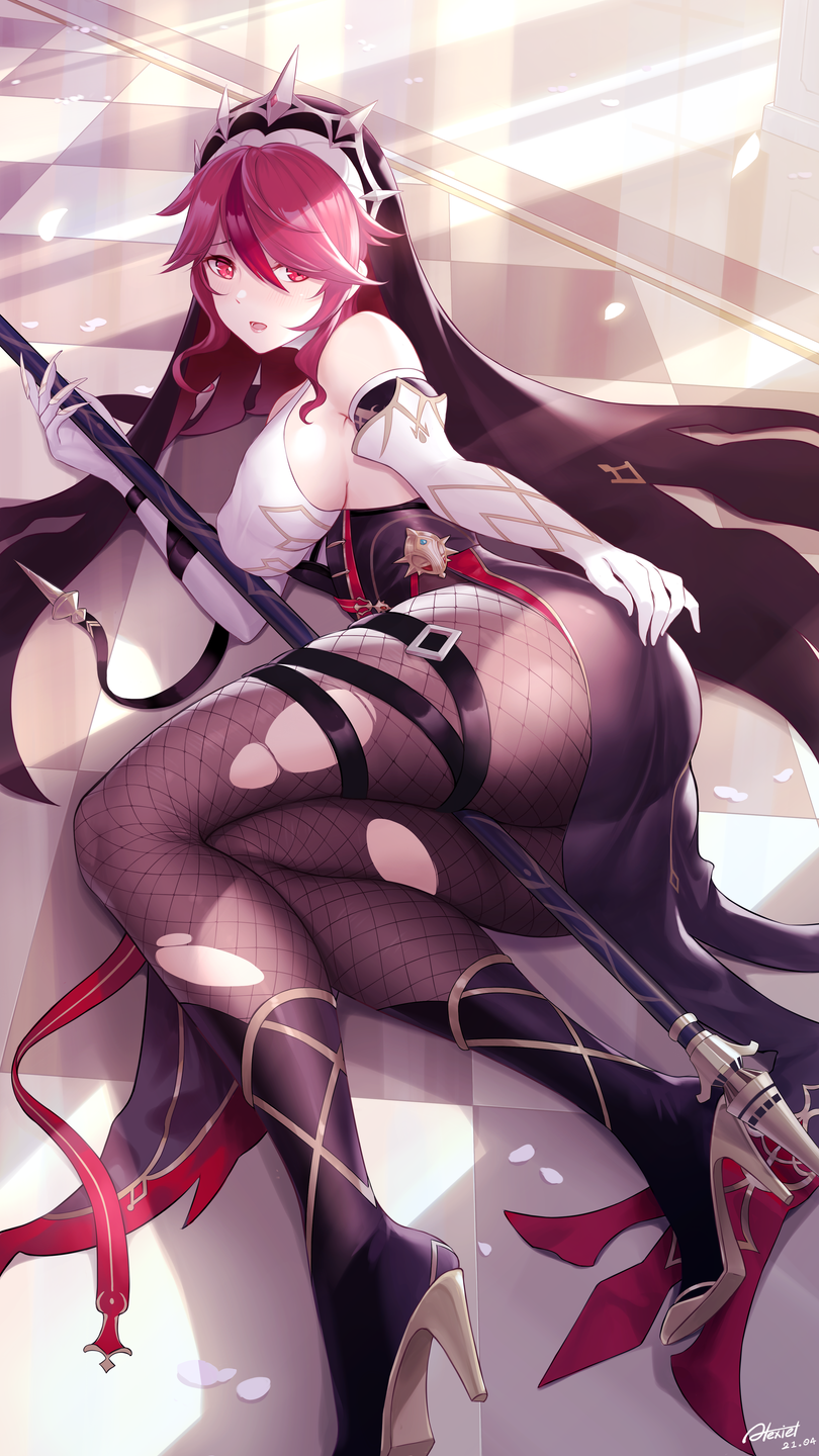 1girl alexiel_(pixiv6211566) ass bangs bare_shoulders belt black_dress blush breasts claw_ring dress elbow_gloves fishnet_legwear fishnets genshin_impact gloves habit hair_between_eyes high_heels highres large_breasts looking_at_viewer multicolored multicolored_clothes multicolored_hair multicolored_headwear nun pelvic_curtain polearm purple_hair purple_legwear redhead rosaria_(genshin_impact) short_hair spear streaked_hair thighs tiara two-tone_dress violet_eyes weapon white_dress white_gloves