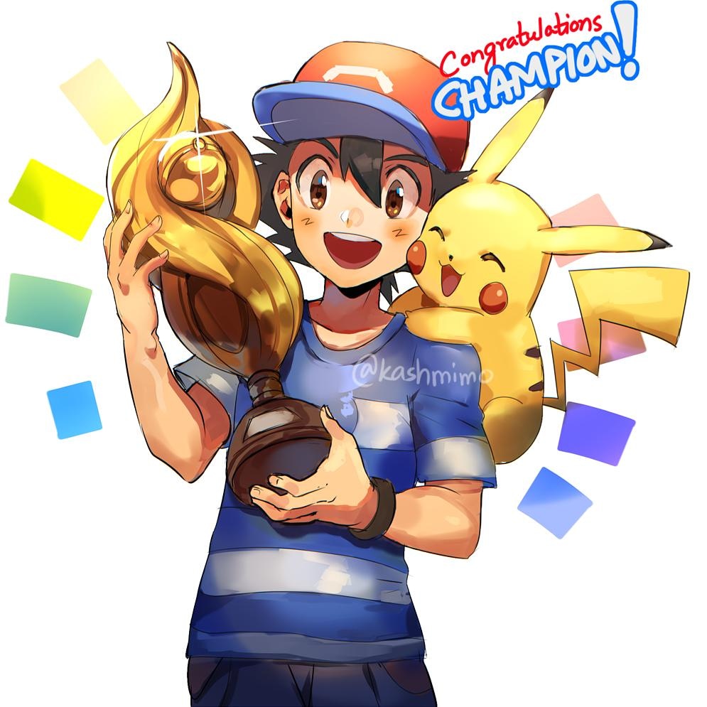 1boy :d artist_name ash_ketchum bangs baseball_cap black_hair blush bracelet brown_eyes commentary congratulations fingernails gen_1_pokemon glint hair_between_eyes hat holding jewelry kash-phia male_focus on_shoulder open_mouth pikachu pokemon pokemon_(anime) pokemon_(creature) pokemon_on_shoulder pokemon_sm_(anime) red_headwear shirt short_sleeves smile striped striped_shirt t-shirt trophy upper_teeth watermark