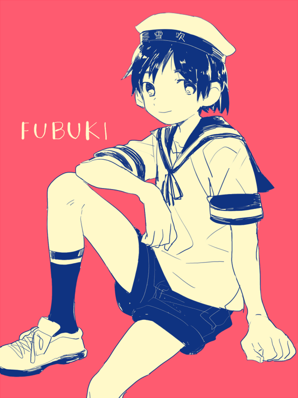 1boy bangs blue_theme character_name clothes_writing d.y.x. fubuki_(kancolle) genderswap genderswap_(ftm) hat kantai_collection kneehighs male_focus monochrome pink_background sailor_collar sailor_hat school_uniform serafuku shoes short_sleeves shorts simple_background smile sneakers solo