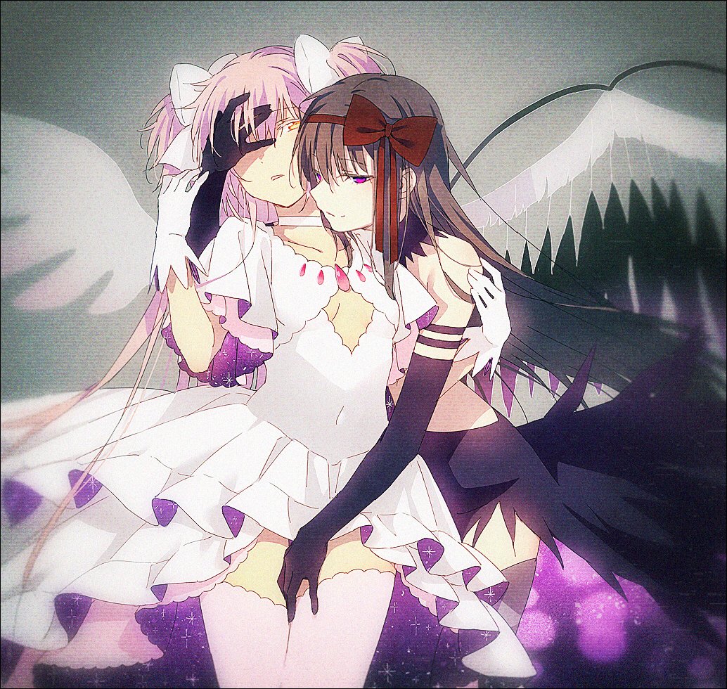 2girls akemi_homura angel_wings bare_shoulders black_dress black_gloves black_hair black_legwear black_wings dress eyebrows_visible_through_hair gloves goddess_madoka hair_ornament hakusai_(tiahszld) jewelry kaname_madoka long_dress long_hair looking_at_viewer mahou_shoujo_madoka_magica multiple_girls necklace pantyhose pink_hair red_ribbon ribbon short_sleeves sleeveless twintails violet_eyes white_dress white_gloves white_legwear white_ribbon wings yellow_eyes