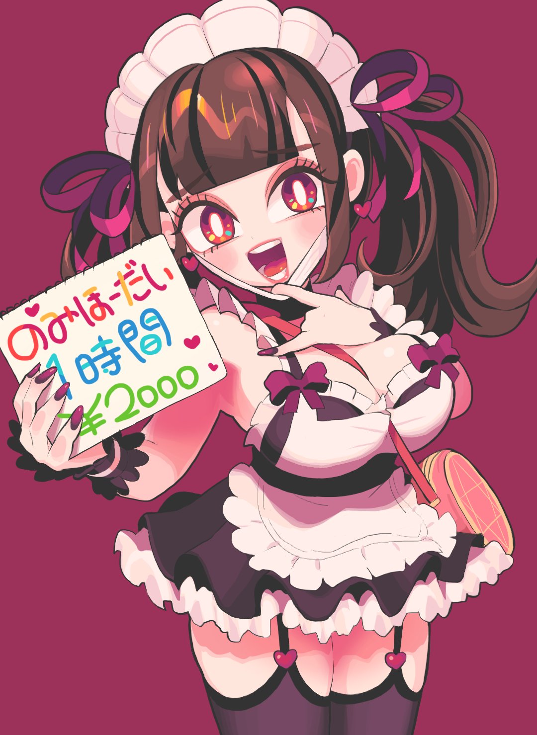 1girl alternate_costume apron bag bangs between_breasts blunt_bangs bow breasts brown_hair character_request copyright_request enmaided frilled_apron frills garter_straps gashi-gashi heart highres holding large_breasts maid maid_apron maid_headdress mask mask_removed nail_polish open_mouth pulled_by_self purple_background purple_nails shoulder_bag sidelocks simple_background skirt strap_between_breasts thigh-highs waist_apron wrist_cuffs