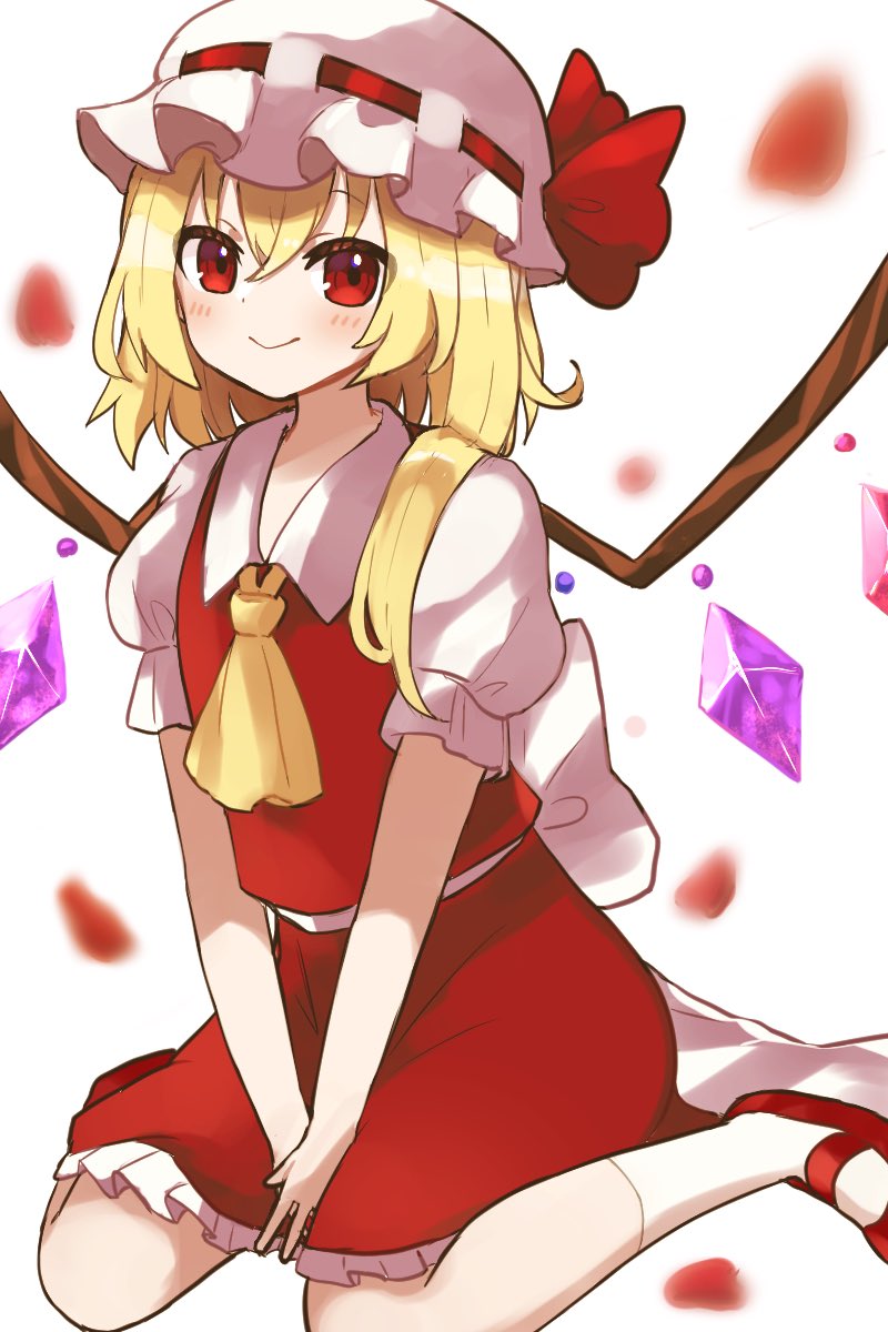 1girl apron ascot bat_wings blonde_hair blouse bow closed_mouth crystal flandre_scarlet frilled_shirt frilled_shirt_collar frilled_skirt frilled_sleeves frills hat hat_ribbon highres machimo medium_hair mob_cap one_side_up puffy_short_sleeves puffy_sleeves red_bow red_eyes red_ribbon red_skirt red_vest ribbon shirt short_sleeves siblings side_ponytail skirt skirt_set smile touhou vest white_shirt wings wrist_cuffs yellow_neckwear