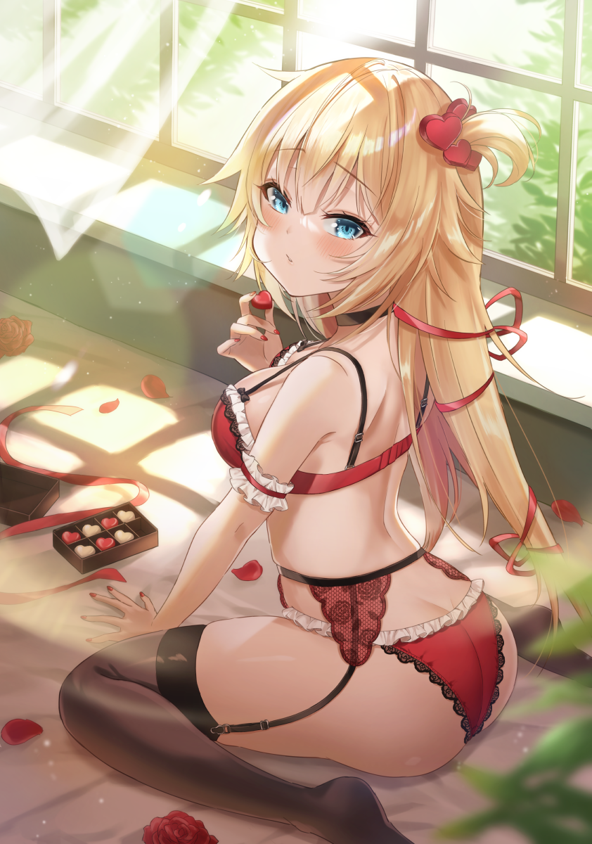 1girl akai_haato arm_garter arm_support ass back bangs bare_shoulders black_choker black_legwear blonde_hair blue_eyes blush bra breasts candy chocolate chocolate_heart choker commentary curtains day eyebrows_visible_through_hair fingernails food frilled_bra frilled_panties frills from_behind full_body garter_belt hair_between_eyes hair_ornament hair_ribbon heart heart_hair_ornament highres holding holding_heart hololive indoors lingerie long_hair looking_at_viewer looking_back medium_breasts milluun nail_polish no_shoes one_side_up panties petals red_bra red_nails red_panties red_ribbon ribbon sidelocks sitting solo symbol_commentary thigh-highs underwear very_long_hair virtual_youtuber wariza window