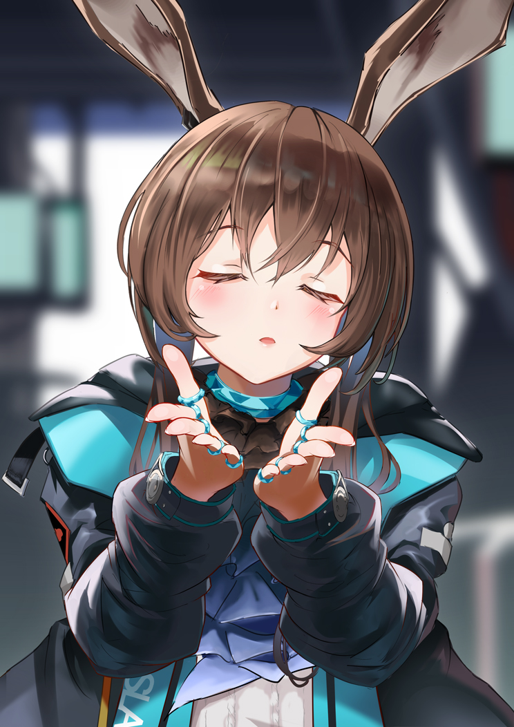 1girl amiya_(arknights) animal_ears arknights ascot bangs black_jacket blown_kiss blue_choker blue_neckwear blush brown_hair choker closed_eyes clothes_writing commentary_request hair_between_eyes hands_up hood hood_down hooded_jacket index_finger_raised jacket jewelry long_hair long_sleeves looking_at_viewer open_clothes open_jacket rabbit_ears solo sweater upper_body white_sweater yumemiteiruka39