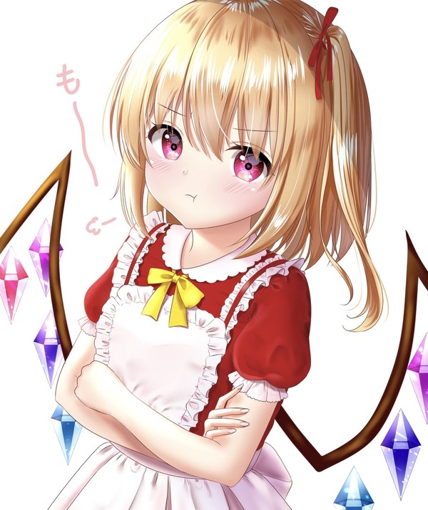 &gt;:( 1girl apron blonde_hair crystal dress flandre_scarlet hands_together looking_at_viewer maid_apron md5_mismatch multicolored multicolored_wings nyanyanoruru ponytail red_dress red_eyes red_ribbon resolution_mismatch ribbon simple_background solo source_larger touhou white_background wings yellow_neckwear