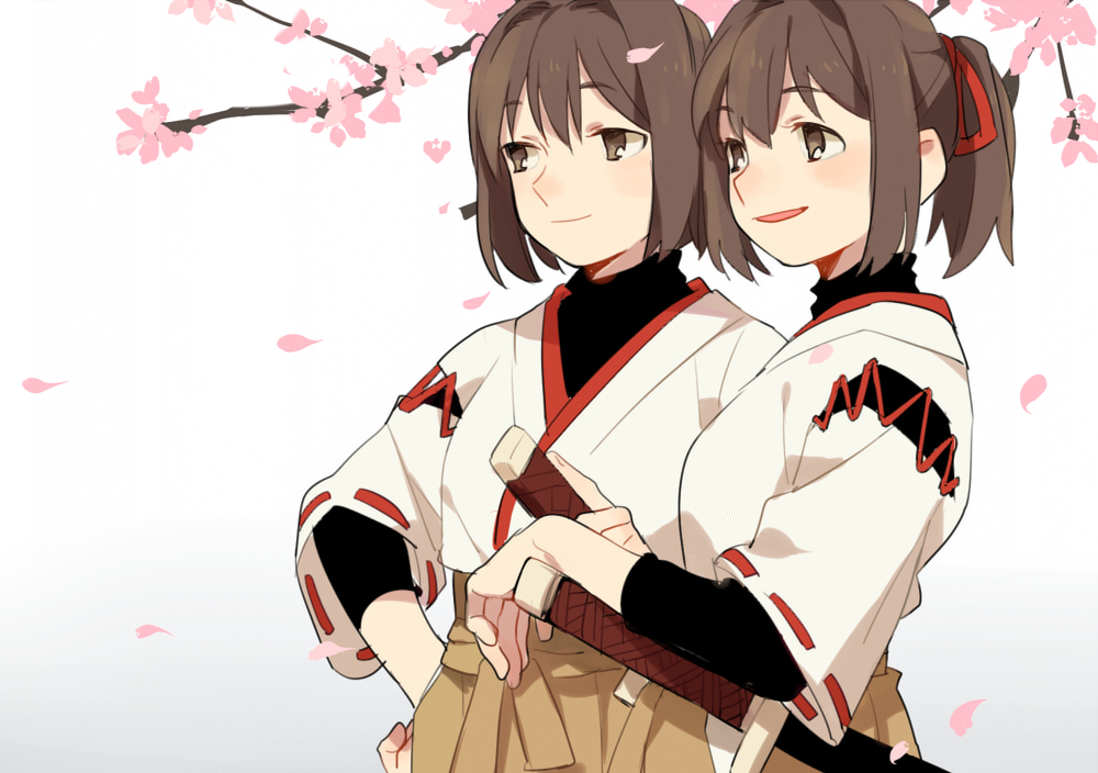 2girls bangs branch breasts brown_eyes brown_hair brown_hakama cherry_blossoms closed_mouth d.y.x. hair_ribbon hakama hyuuga_(kancolle) ise_(kancolle) japanese_clothes kantai_collection katana multiple_girls nontraditional_miko open_mouth petals ponytail ribbon ribbon-trimmed_sleeves ribbon_trim sheath sheathed short_hair sidelocks sword undershirt upper_body weapon