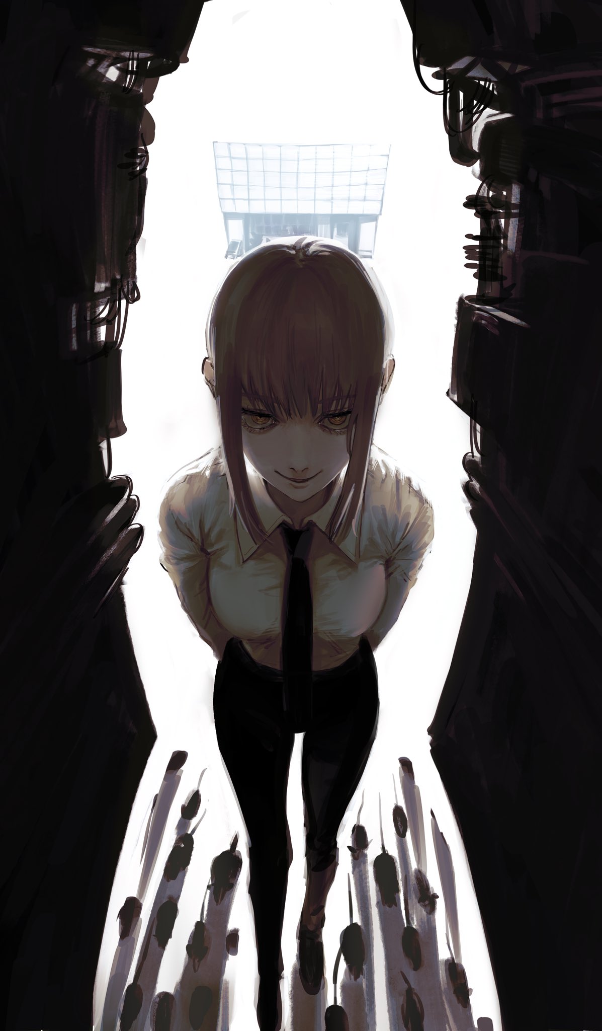 1girl alley arms_behind_back black_neckwear black_pants breasts building chainsaw_man closed_mouth collared_shirt commentary dress_shirt eyelashes from_above full_body highres looking_at_viewer makima_(chainsaw_man) makimasansuki medium_breasts medium_hair necktie orange_eyes pants rat redhead ringed_eyes shirt shirt_tucked_in sidelocks simple_background smile smirk solo standing white_background white_shirt wing_collar