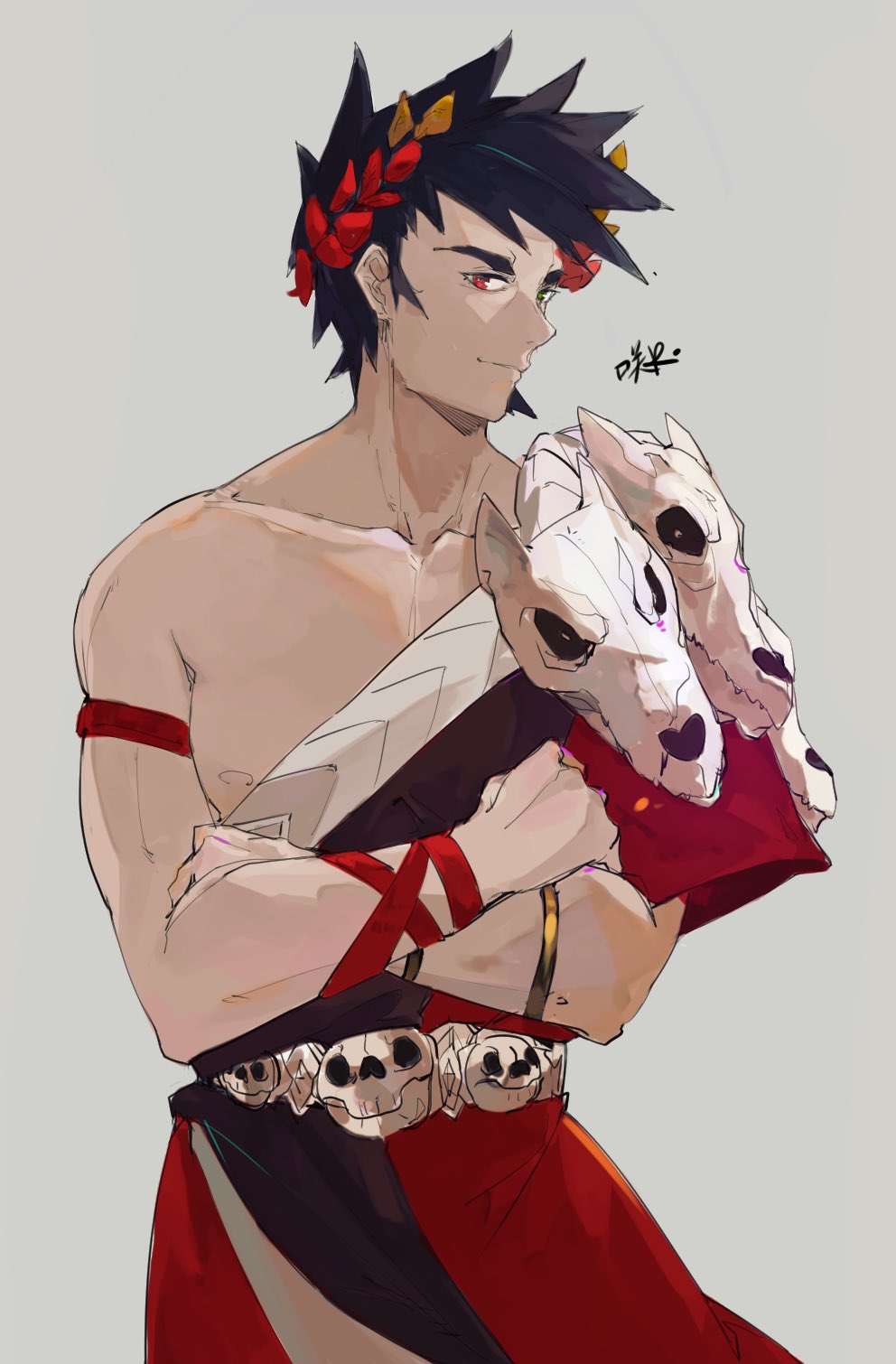 1boy black_hair black_sclera colored_sclera greek_clothes green_eyes hades_(game) heterochromia highres laurel_crown male_focus muscular red_eyes sakuremi single_bare_shoulder skull smile zagreus_(hades)