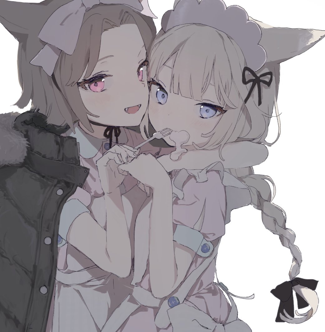 2girls animal_ears apron arm_around_neck black_ribbon blue_eyes bow braid brown_hair cat_ears cat_girl cat_tail choker commentary commission cream cream_on_face dress fangs feeding food food_on_face fork fur-trimmed_jacket fur_trim hair_bow hair_ribbon hat heart jacket jacket_on_shoulders long_hair looking_at_viewer multiple_girls nurse nurse_cap original pink_dress pink_eyes pink_ribbon ribbon ribbon_choker shikaiq short_hair short_sleeves simple_background skeb_commission tail upper_body white_apron white_background white_hair white_ribbon