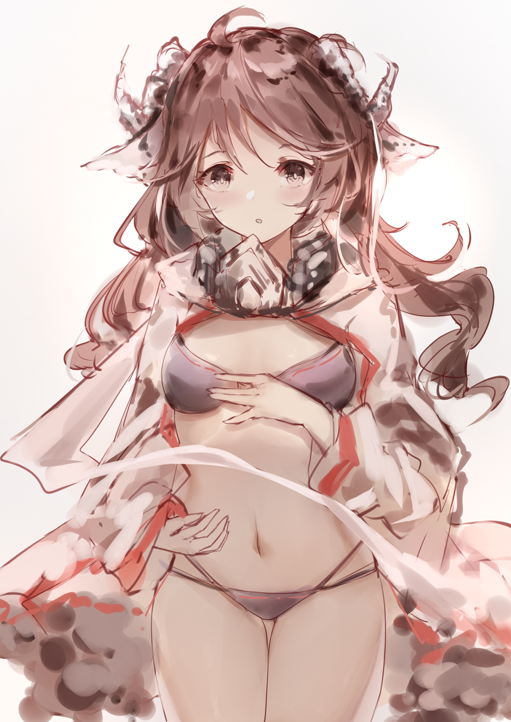 1girl :o animal_ears arknights black_bra black_panties bra brown_eyes brown_hair cowboy_shot cuy7 dress eyjafjalla_(arknights) hand_on_own_chest highres horns light_blush long_hair looking_at_viewer mask_around_neck navel open_clothes open_dress panties sheep_ears sheep_girl sheep_horns simple_background solo standing underwear white_background white_dress