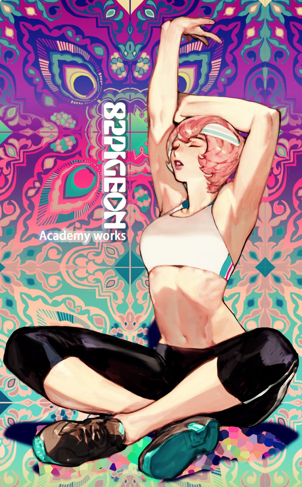 1girl armpits brown_footwear closed_eyes full_body hands_up headband highres indian_style leggings multicolored multicolored_background navel original parted_lips pigeon666 pink_hair shoes short_hair sitting solo sports_bra stomach stretch toned