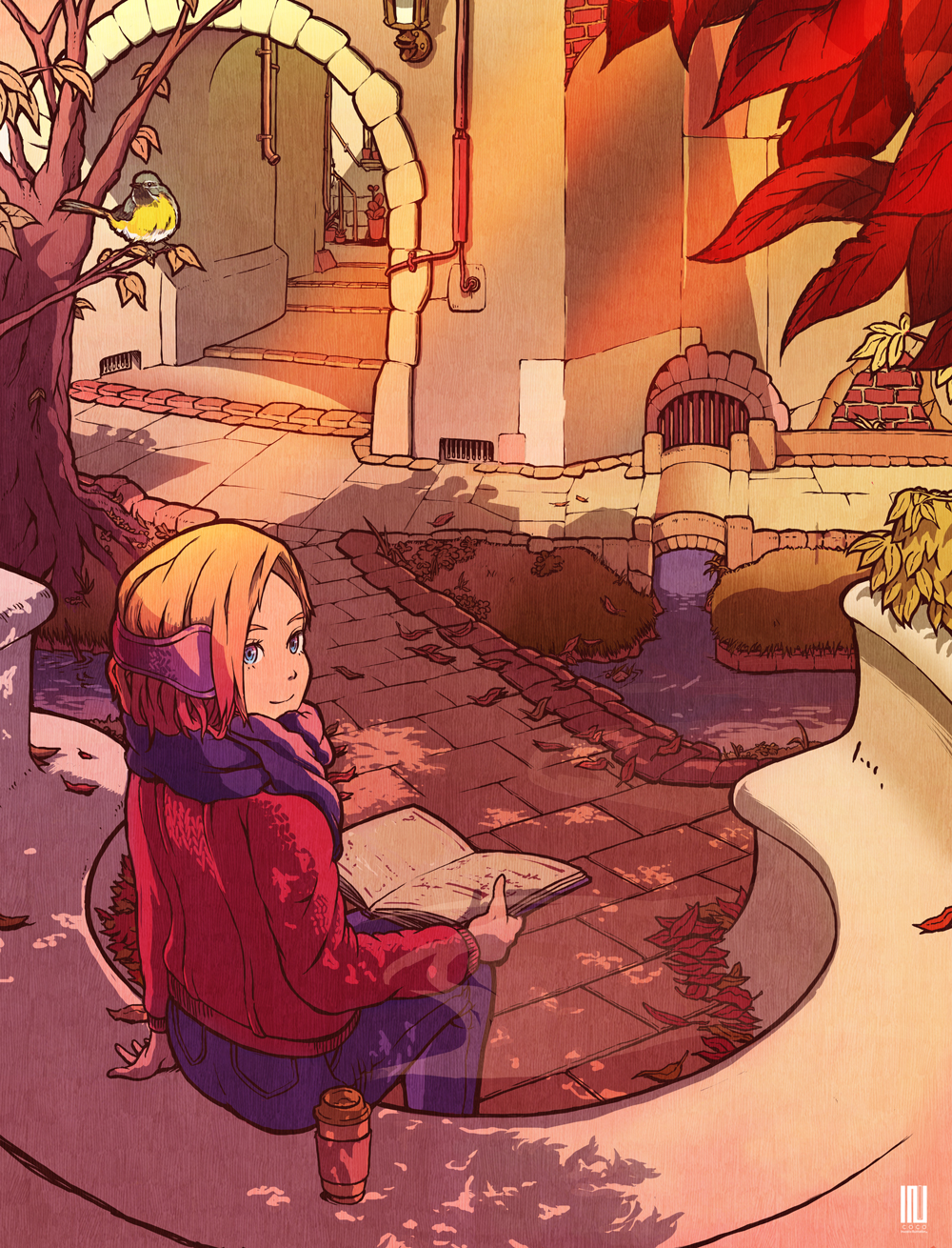1girl bird blonde_hair blue_eyes book cup earmuffs from_behind highres inukoko leaf looking_at_viewer open_book original pants plant potted_plant purple_pants red_sweater redhead scarf shadow sitting smile solo sweater tree wide_shot