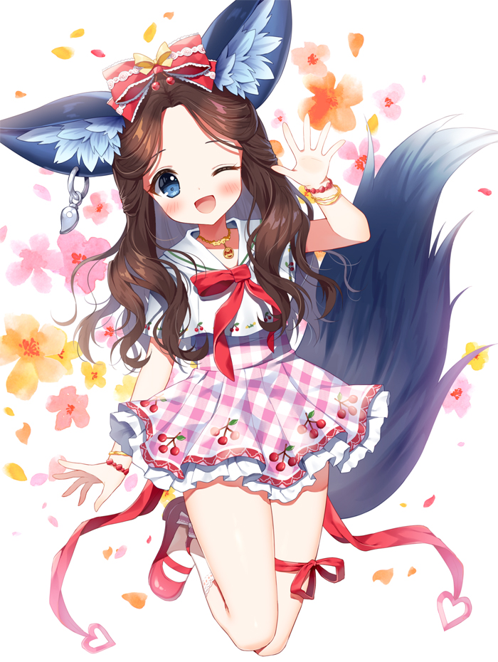 1girl ;d animal_ears bangs blue_eyes blush bow brown_hair commentary_request commission floral_background forehead frilled_skirt frills full_body hair_bow hand_up long_hair looking_at_viewer mauve one_eye_closed open_mouth original parted_bangs pixiv_request plaid plaid_skirt red_bow red_footwear sailor_collar shirt shoes short_sleeves skirt smile socks solo tail very_long_hair white_background white_legwear white_sailor_collar white_shirt wolf_ears wolf_girl wolf_tail yellow_bow