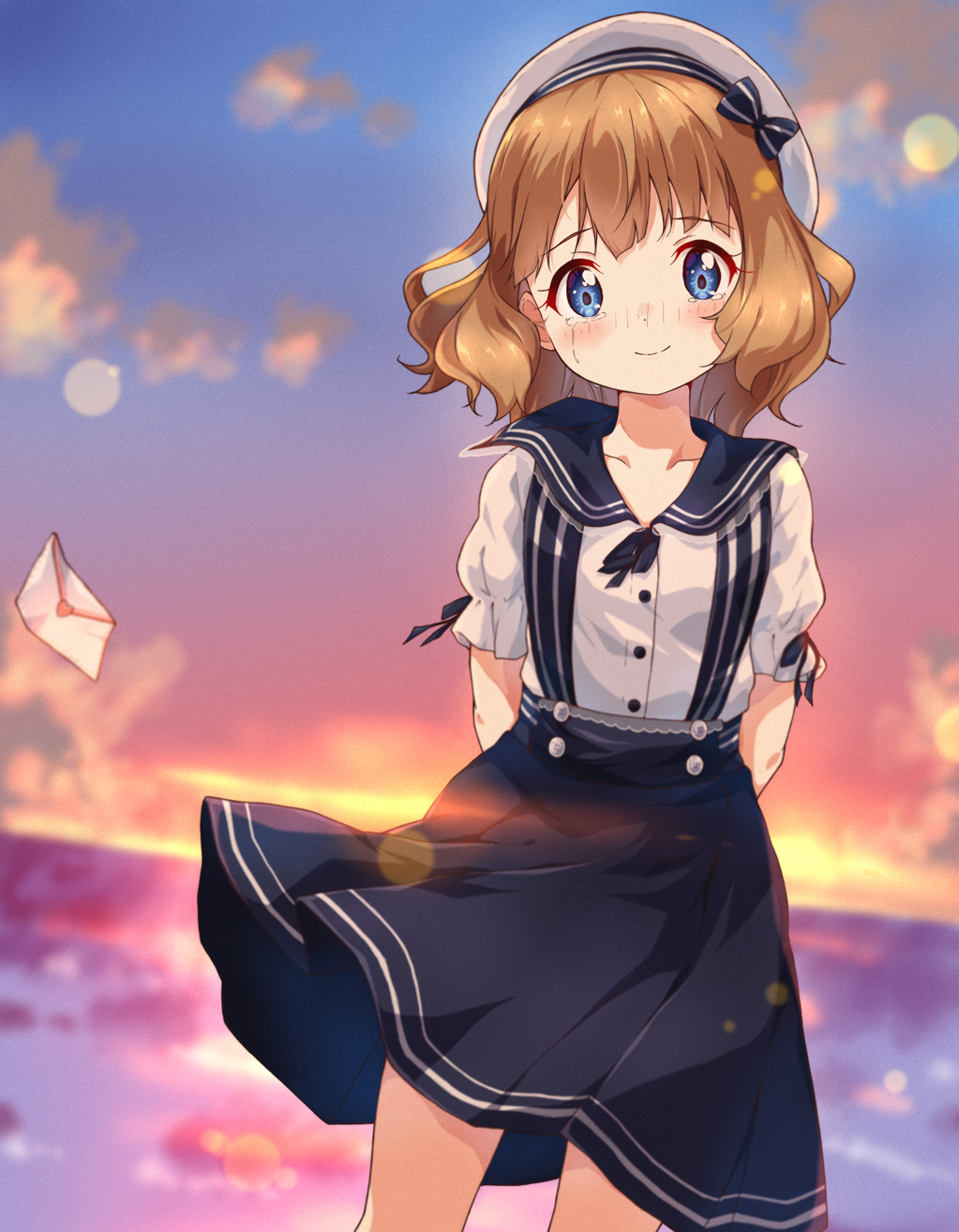 1girl bangs beret black_neckwear black_sailor_collar black_skirt blue_eyes blue_sky blurry blurry_background closed_mouth commentary depth_of_field double_horizontal_stripe english_commentary frilled_sleeves frills gradient_sky hat highres horizon idolmaster idolmaster_million_live! lens_flare letter looking_at_viewer medium_hair medium_skirt neck_ribbon orange_sky ribbon sad sailor_collar shirt short_sleeves skirt sky smile solo standing sunset suou_momoko suspender_skirt suspenders tearing_up tears toma_(shinozaki) white_headwear white_shirt wind wind_lift