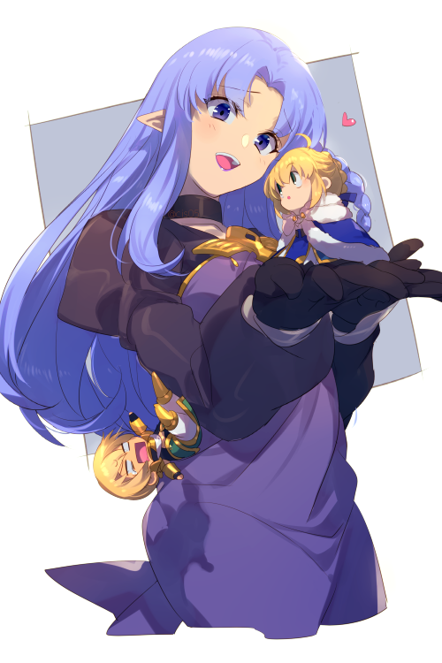 :d ahoge blonde_hair blue_eyes cape character_request chibi cis05 collar copyright_request dress fur-trimmed_cape fur_trim gloves heart juliet_sleeves long_sleeves open_mouth pointy_ears puffy_sleeves purple_dress purple_hair short_hair simple_background smile violet_eyes