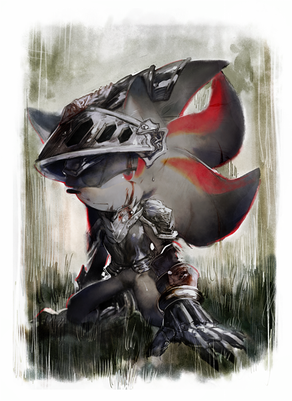 1boy animal_ears armor black_fur black_hair blood blood_on_face body_fur border commentary_request cuirass flipped_hair furry gauntlets half-closed_eyes hedgehog_ears kneeling lancelot_(sonic_the_hedgehog) long_hair looking_at_viewer male_focus multicolored_hair red_eyes red_fur redhead shadow_the_hedgehog shoulder_armor solo sonic_(series) sonic_and_the_black_knight streaked_hair visor_(armor) white_border