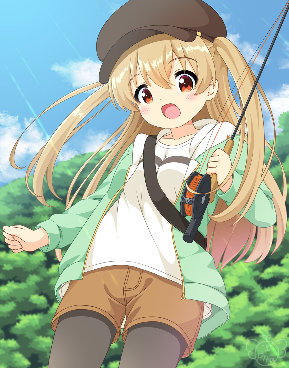 1girl :o bangs black_legwear blonde_hair blue_sky brown_headwear brown_shorts clenched_hand clouds commentary_request day fishing_rod forest green_jacket hair_between_eyes hat highres holding holding_fishing_rod jacket legwear_under_shorts long_hair minagi_koharu nature open_mouth outdoors pila-pela red_eyes shirt shorts sky slow_loop solo standing sunlight white_shirt