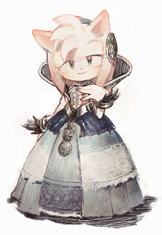 1girl amy_rose animal animal_ears aoki_(fumomo) blue_dress bow bowtie bracelet closed_mouth commentary_request detached_sleeves dress feathers frills full_body furry gloves green_eyes half-closed_eyes hand_up hedgehog_ears hedgehog_girl jewelry lace-trimmed_dress lace_trim long_dress looking_at_viewer nimue_(sonic_the_hedgehog) pink_hair simple_background smile solo sonic_(series) sonic_and_the_black_knight standing white_background white_gloves