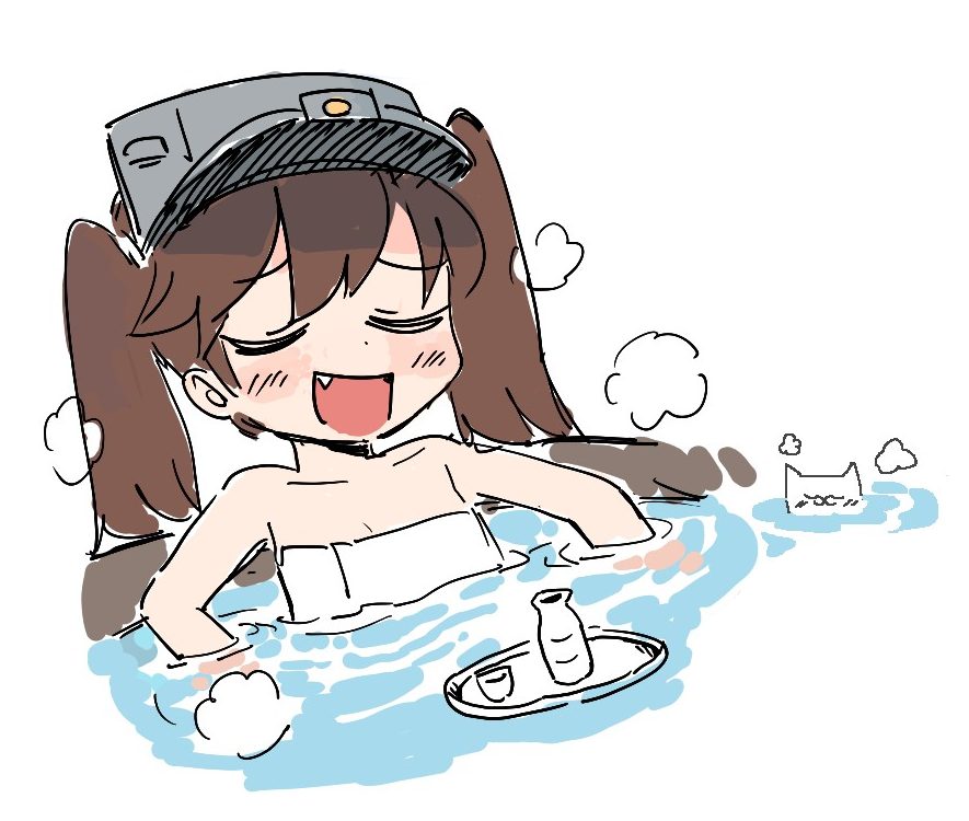 1girl :d bangs blush_stickers brown_hair choko_(cup) closed_eyes cup eyebrows_visible_through_hair fang kantai_collection lakilolom long_hair naked_towel onsen open_mouth partially_submerged ryuujou_(kancolle) smile solo tokkuri towel tray twintails visor_cap water white_background