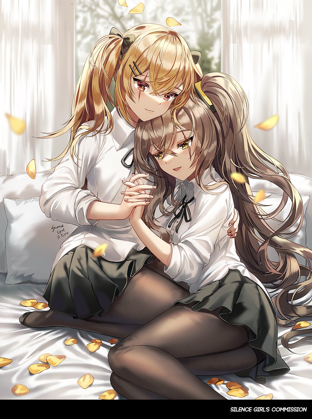 2girls arm_around_back bangs black_neckwear black_ribbon black_skirt blonde_hair brown_hair brown_legwear collared_shirt curtains dress_shirt feet_out_of_frame full_body girls_frontline hair_between_eyes hair_ornament hairclip highres holding_hands leaning_on_person long_hair long_sleeves lying multiple_girls neck_ribbon no_shoes on_bed on_side pantyhose petals pillow pleated_skirt red_eyes ribbon scar scar_across_eye shirt side_ponytail signature silence_girl sitting skirt smile ump45_(girls_frontline) ump9_(girls_frontline) very_long_hair white_shirt yellow_eyes yuri