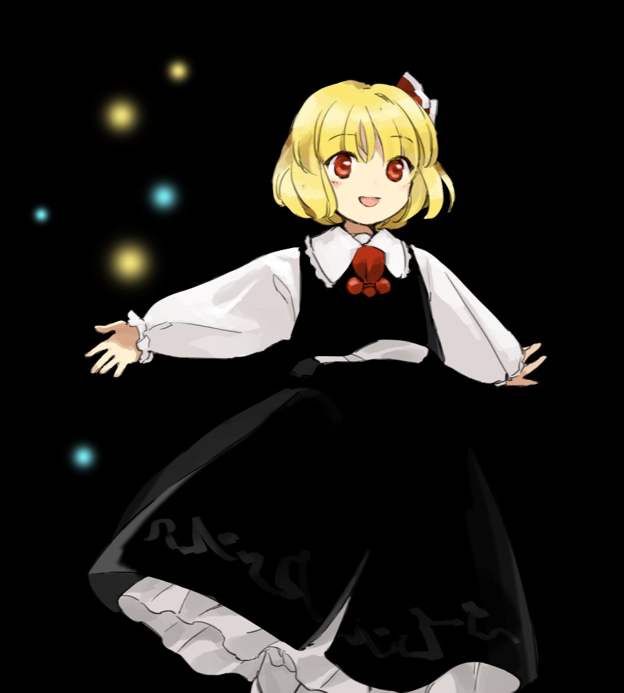 1girl ascot black_background black_skirt blonde_hair blouse bow bowtie cravat darkness dress_shirt floating flying hair_bow hair_ribbon kaigen_1025 long_sleeves necktie outstretched_arms red_bow red_eyes red_neckwear red_ribbon ribbon rumia shirt short_hair skirt spread_arms touhou vest white_blouse white_shirt wing_collar