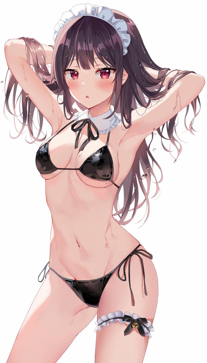 1girl :o armpits arms_behind_head arms_up bare_arms bare_shoulders bell bikini black_bikini black_hair black_neckwear black_ribbon breasts commentary_request contrapposto cowboy_shot detached_collar frills groin halter_top halterneck hands_in_hair highres jingle_bell leg_garter long_hair maid_headdress mayo_(miyusa) medium_breasts mole mole_on_breast navel neck_ribbon original parted_lips red_eyes ribbon side-tie_bikini sidelocks skindentation solo standing stomach strap_gap string_bikini swimsuit thighs wet