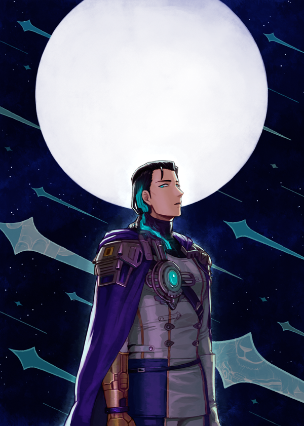 1boy bangs black_hair blue_eyes blue_hair cape commentary_request fate/grand_order fate_(series) gloves gradient_hair jacket long_hair long_sleeves looking_at_viewer male_focus moon multicolored_hair night night_sky nikola_tesla_(fate) open_mouth outdoors prosthesis prosthetic_arm sky solo star_(sky) starry_sky yvn_futon