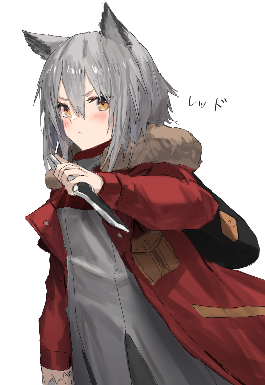 1girl animal_ears arknights bangs blush closed_mouth commentary_request eyebrows_visible_through_hair fur-trimmed_hood fur_trim grey_background grey_hair hair_between_eyes highres holding holding_knife hood hooded_jacket jacket knife long_hair long_sleeves orange_eyes projekt_red_(arknights) raw_egg_lent red_jacket simple_background solo translation_request upper_body wolf_ears